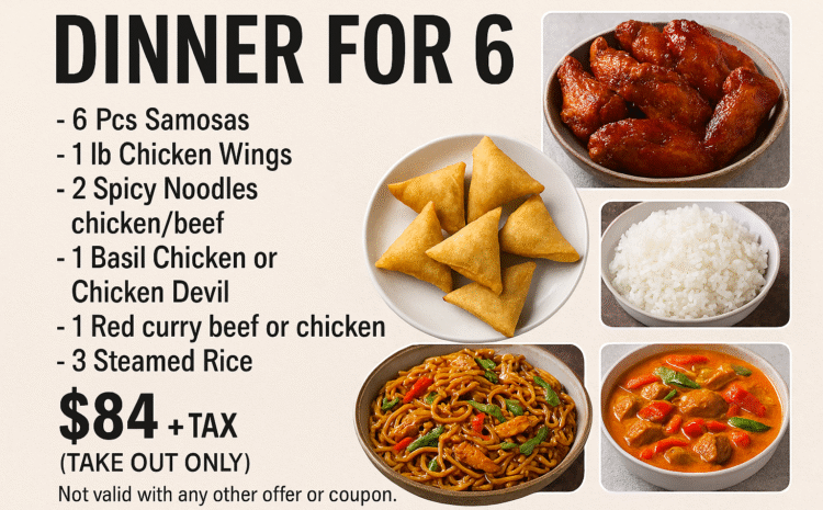  Spice Up Your Night with Thai on Rock’s Dinner for 6 Takeout Special 